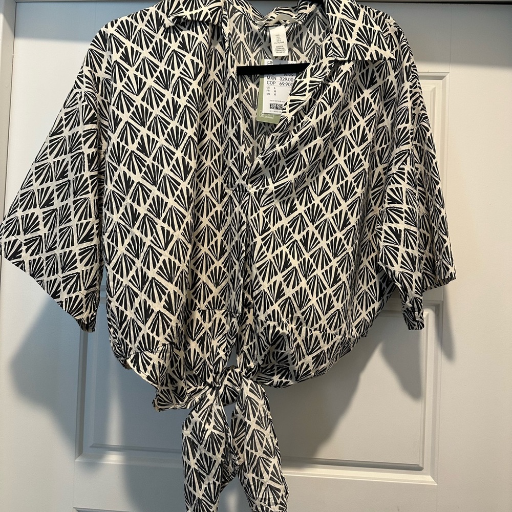 H&M Black and White Button Down Shirt with Tie Front
